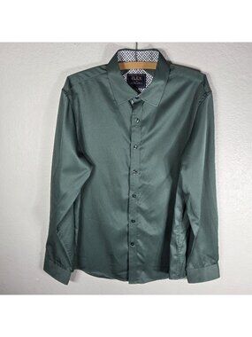 Flex Men's Luxury Collection Button Down Dress Shirt Dark Green M Satin